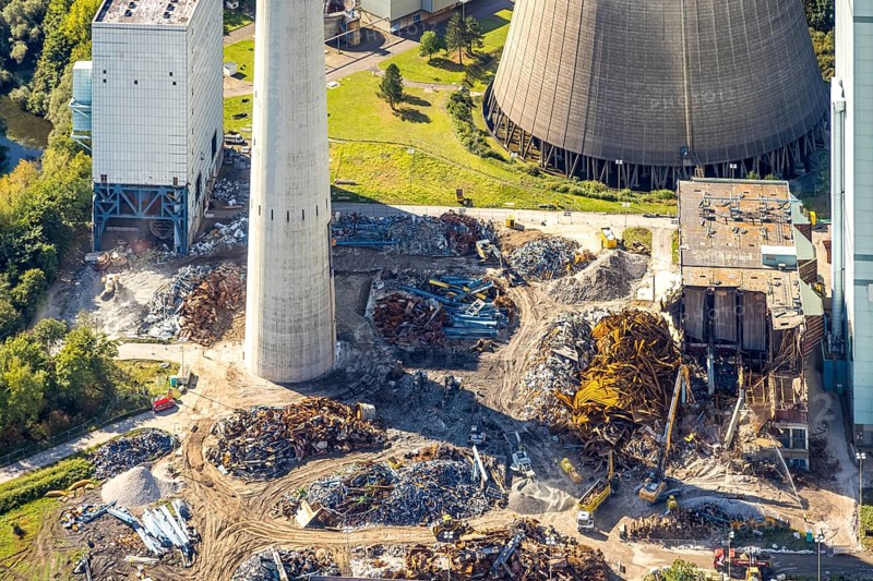 Aerial view, RWE Generation SE Gersteinwerk power plant, detail shot with demolition, Bockum-Hövel, Hamm, Ruhr area, North Rhine-Westphalia, Germany, construction work, construction area, construction site, building site, construction project, construction site, DE, E-Werk, Europe, power plant, aerial view, aerial photography, aerial photography, chimney, tower, overview, bird's-eye view, overview