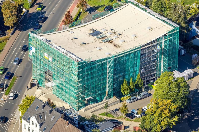 Aerial view, Hamm Municipal Music School, covered building and construction site with new building, road junction Ostenallee and Nordring, centre, Hamm, Ruhr area, North Rhine-Westphalia, Germany, construction work, construction area, construction site, building plots, construction project, construction site, DE, Europe, aerial view, aerial photography, aerial photography, new building, overview, bird's-eye view, bird's-eye view, overview