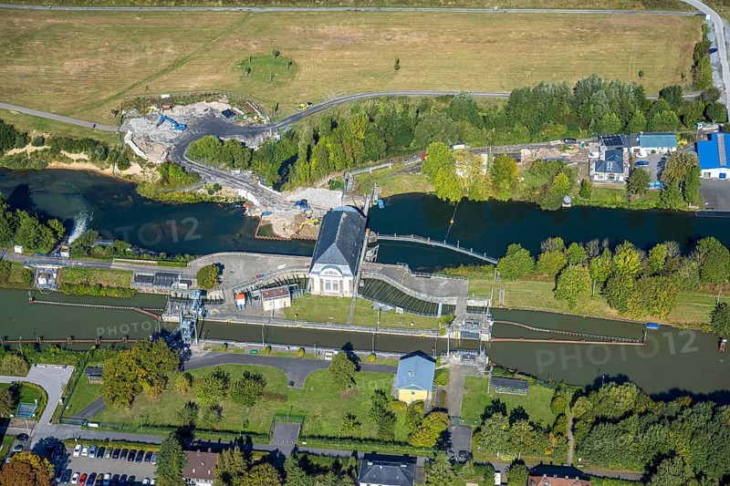 Aerial view, construction site at the Hamm lock on the Datteln-Hamm Canal and River Lippe, centre, Hamm, Ruhr area, North Rhine-Westphalia, Germany, construction work, construction area, building site, building plots, construction project, construction site, DE, Europe, canal, aerial view, aerial photography, aerial photography, aerial photography, lock, overview, bird's-eye view, overview