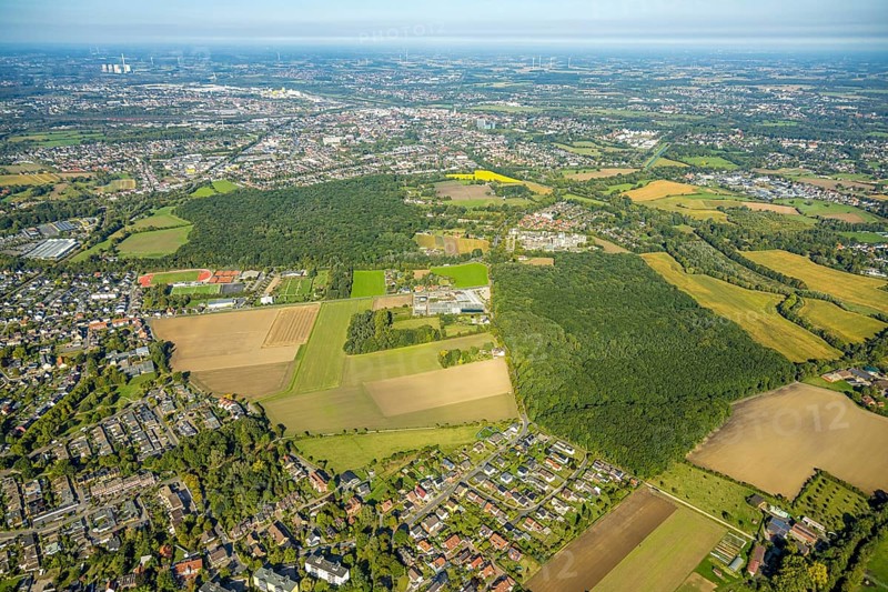 Aerial view, complete view of the sports fields of HSC in Westtünnen, HSC small pitch Fuchshöhle, Pilsholz Wald, Blumen Bintig GmbH and Hüls Wald, district Rhynern, Hamm, Ruhr area, North Rhine-Westphalia, Germany, DE, Europe, football, football field, football pitch, football stadium, Hammer SC (HSC), aerial view, aerial photography, aerial photography, sports, sports facility, sports facilities, sports field, sports venue, stadium, tennis, tennis facility, tennis court, tennis courts, tennis club, overview, bird's-eye view, forest, birds-eyes view, overview