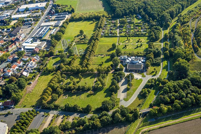 Aerial view, Parkfriedhof Herringen Gräberfeld, Krematorium Hamm GmbH und Interkultureller Garten, green area, urban district Herringen, Hamm, Ruhr area, North Rhine-Westphalia, Germany, burial site, DE, Europe, cemetery, memorial, Gottesacker, graves, burial ground, aerial photograph, aerial photography, aerial photography, resting place, overview, bird's eye view, bird's eye view, overview
