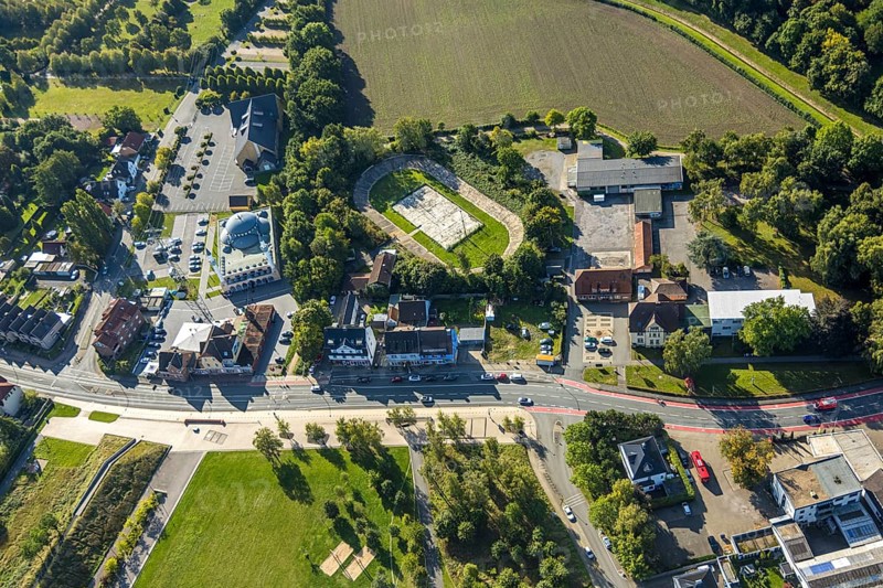 Aerial view, DitiB Ulu Camii Mosque next to the Barbara Stadium, district Herringen, Hamm, Ruhr area, North Rhine-Westphalia, Germany, place of worship, DE, Europe, religious community, place of worship, holy place, church, parish, denomination, aerial view, aerial photography, aerial photography, religion, religious site, sport, sports facility, sports field, stadium, overview, bird's-eye view, overview