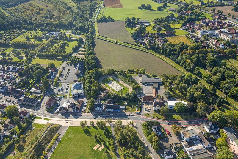 Aerial view, DitiB Ulu Camii Mosque next to the Barbara Stadium, district Herringen, Hamm, Ruhr area, North Rhine-Westphalia, Germany, place of worship, DE, Europe, religious community, place of worship, holy place, church, parish, denomination, aerial view, aerial photography, aerial photography, religion, religious site, sports facility, sports field, stadium, overview, bird's-eye view, overview