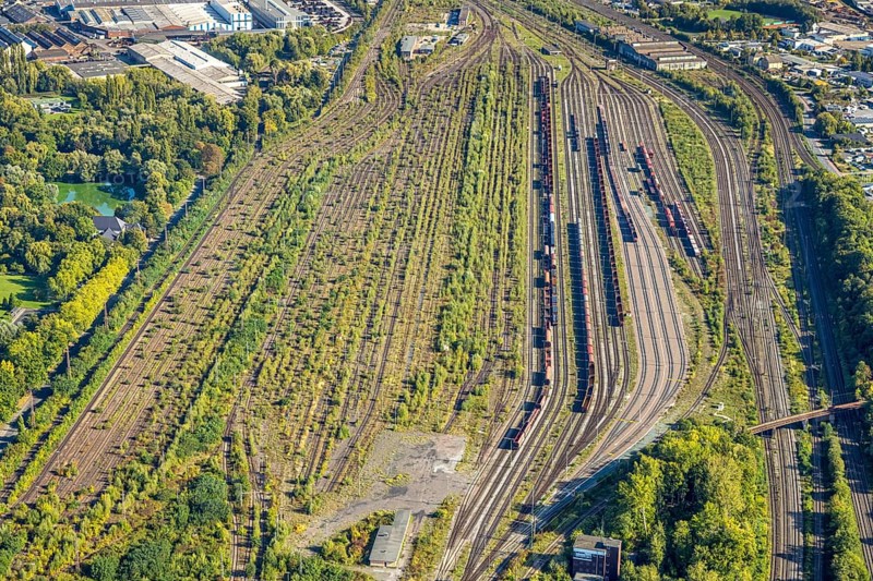 Aerial view, Hamm marshalling yard, Pelkum district, Hamm, Ruhr area, North Rhine-Westphalia, Germany, railway area, DE, Deutsche Bahn AG, Europe, track systems, tracks, goods trains, aerial photograph, aerial photography, aerial photography, overview, bird's-eye view, overview