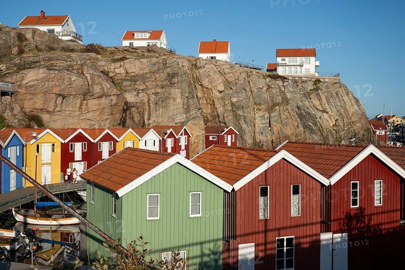 Colourful boathouses in the harbour of Smögen, Smögenbryggan, Västra Götalands Län, Bohuslän, Sweden