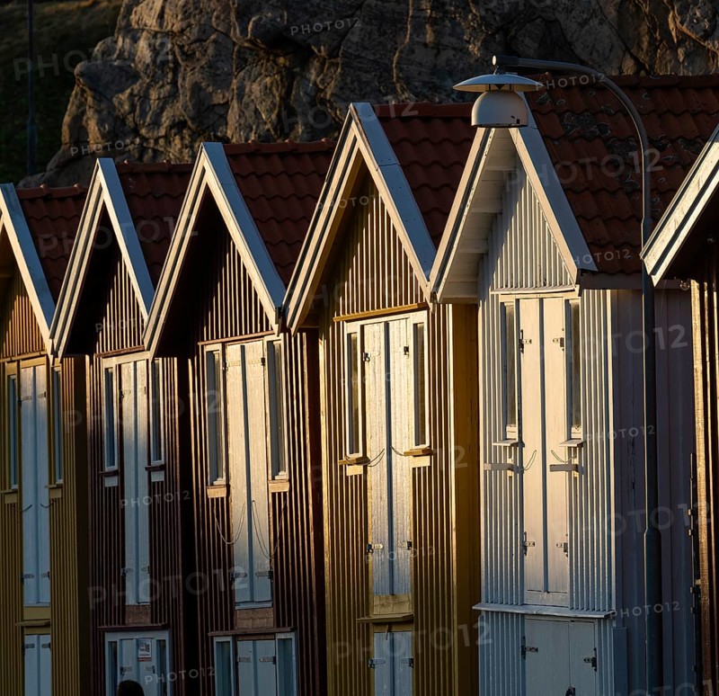 Colourful boathouses in the harbour of Smögen, Smögenbryggan, Västra Götalands Län, Bohuslän, Sweden