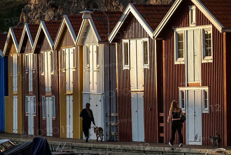 Strollers in front of colourful boathouses in the harbour of Smögen, Smögenbryggan, Västra Götalands Län, Bohuslän, Sweden