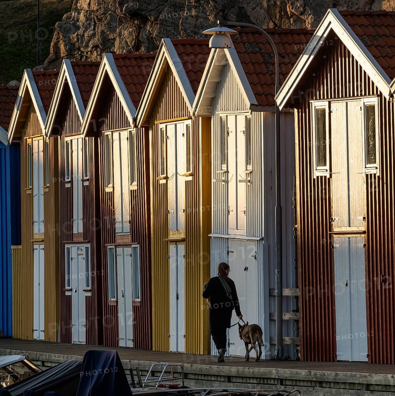 Woman with dog in front of colourful boathouses in the harbour of Smögen, Smögenbryggan, Västra Götalands Län, Bohuslän, Sweden
