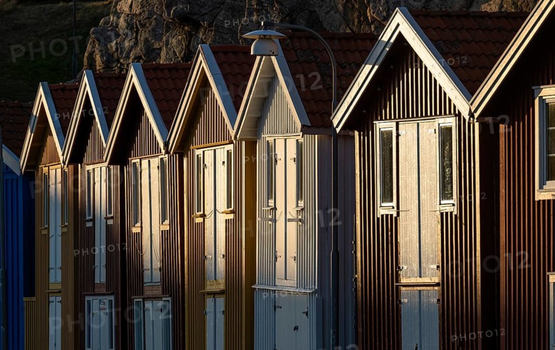 Colourful boathouses in the harbour of Smögen, Smögenbryggan, Västra Götalands Län, Bohuslän, Sweden