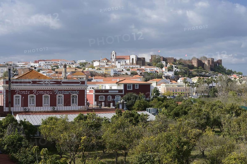 Cityscape with cathedral and Castelo dos Mouros castle, Silves, Algarve, Portugal