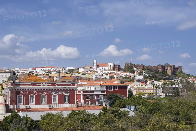 Cityscape with cathedral and Castelo dos Mouros castle, Silves, Algarve, Portugal