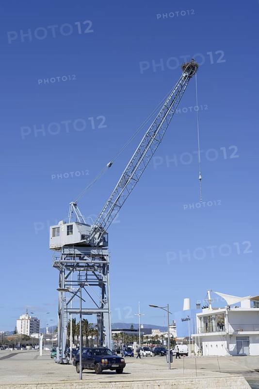 Old harbour crane with a white stork nest, Portimao, Algarve, Portugal
