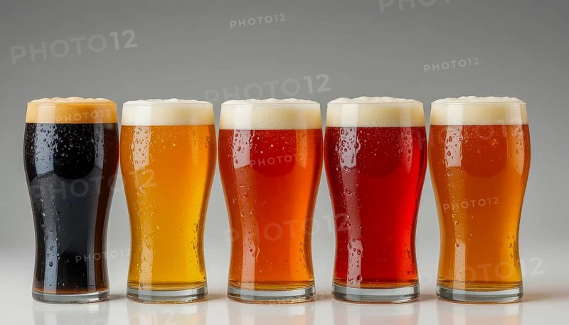 Five different beers are displayed in glasses, showcasing a range of colors and styles, from dark stout to light lager, AI generated
