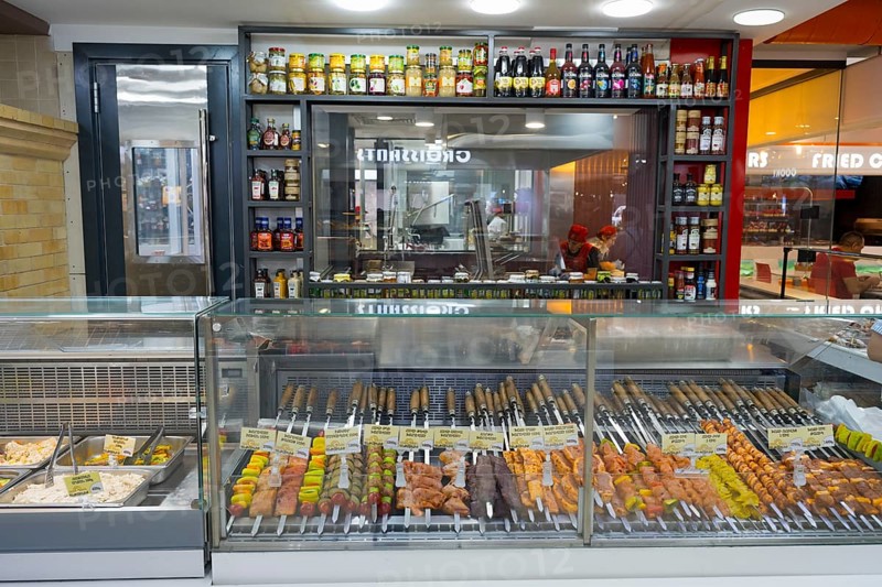 Barbecue skewers with meat and vegetables displayed in a market, Gntunik supermarket, Aragazotn province, Armenia