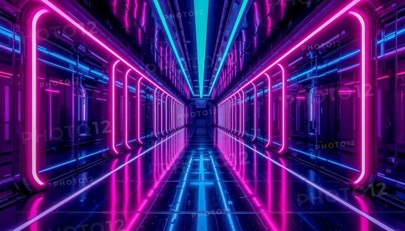 A mesmerizing perspective of a futuristic corridor bathed in vibrant neon lights, creating a sense of depth and wonder, AI generated
