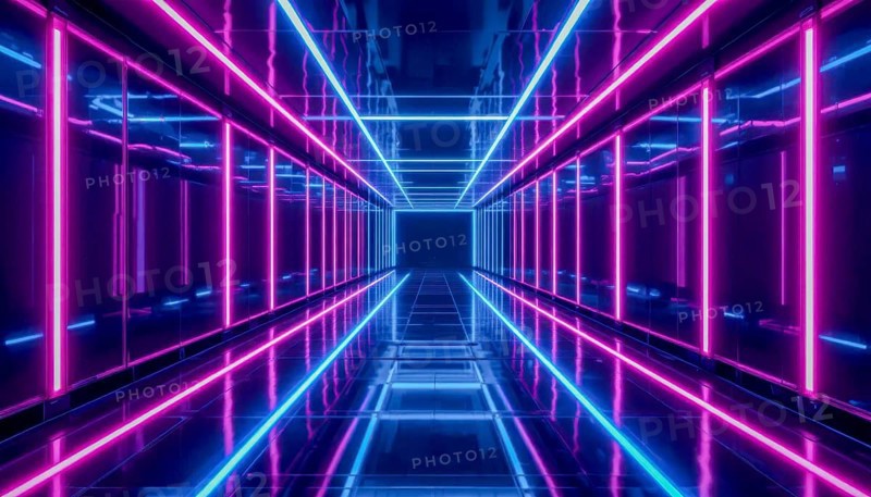 A perspective view of a neon-lit tunnel with pink and blue lights, creating a futuristic and vibrant atmosphere. The reflective floor enhances the visual depth, AI generated