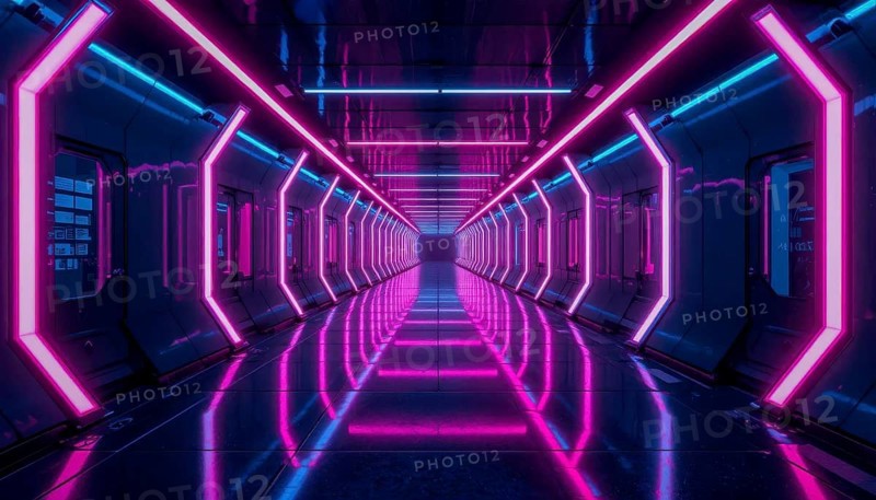 A long, futuristic corridor is illuminated by vibrant neon lights, creating a sense of depth and modern design. The glossy floor reflects the colorful illumination, AI generated