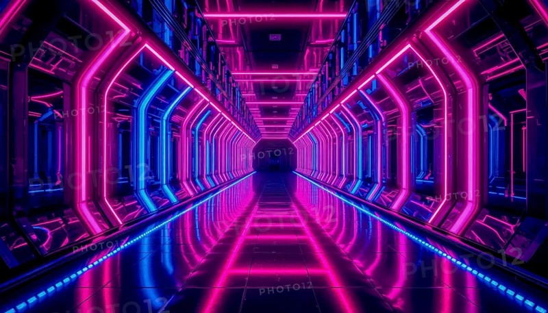 A mesmerizing perspective of a neon-lit tunnel with a futuristic design, featuring pink and blue lights reflecting on a glossy surface, creating a vibrant atmosphere, AI generated