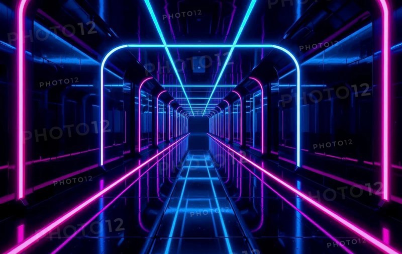A mesmerizing perspective of a neon-lit tunnel, featuring a symmetrical design with glowing pink and blue lights, creating a futuristic ambiance, AI generated