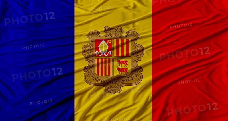 Andorran flag waving. Flag of Andorra with cloth texture