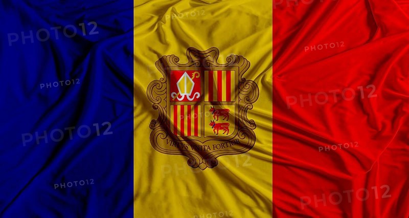 Andorran flag with fabric texture background. National flag of Andorra