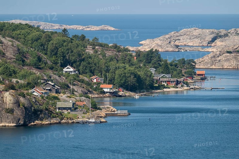 View over archipelago landscape and summer houses, Fjällbacka, Bohuslän, West Sweden, Sweden