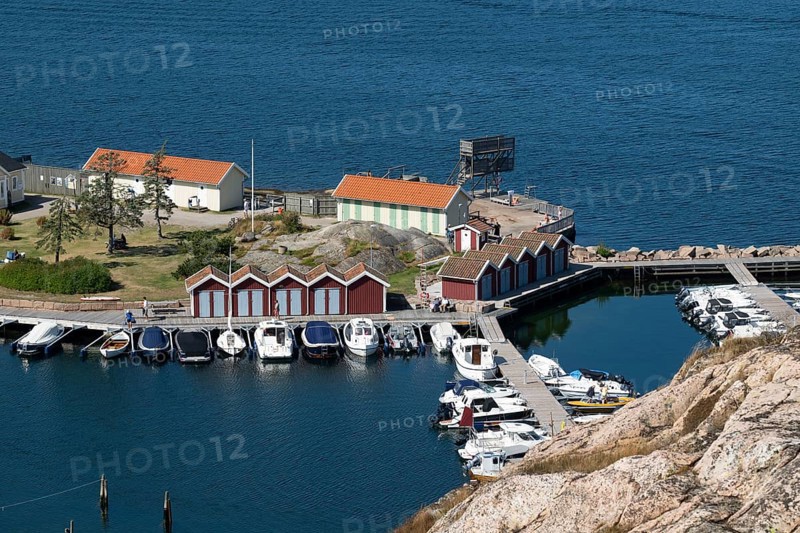 Harbour, boathouses and lido, Fjällbacka, Bohuslän, West Sweden, Sweden