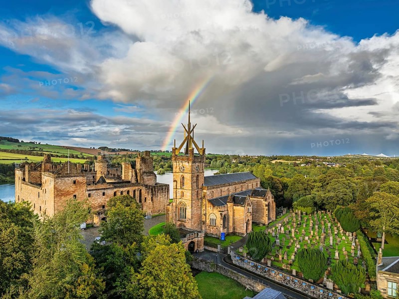 Rainbow over Linlithgow Palace from a drone, Linlithgow Loch, West Lothian, Scotland, United Kingdom
