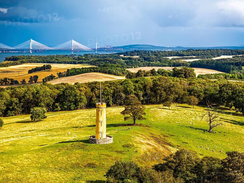 Binns Tower over Scotish farms and Forth Estuary from drone, House of the Binns, Linlithgow, Scotland, UK