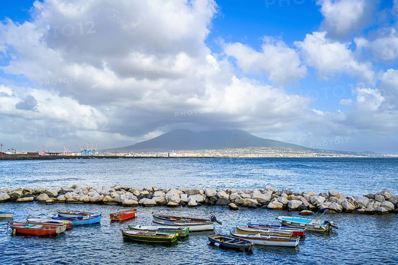 Seaside in Naples with Mount Vesuvius in backround, Campania, Italy