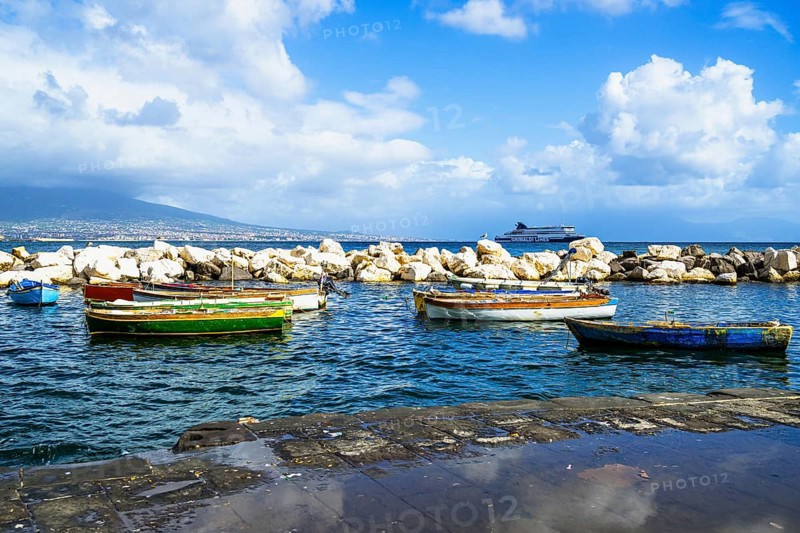 Seaside in Naples with Mount Vesuvius in backround, Campania, Italy