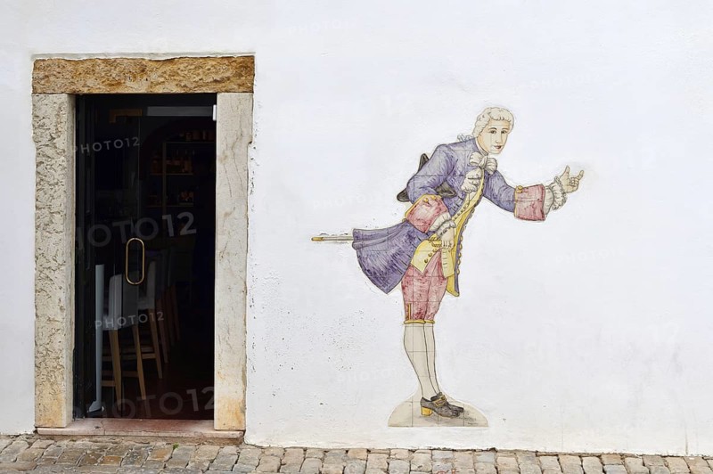 Entrance of a restaurant with azulejo, Faro, Algarve, Portugal