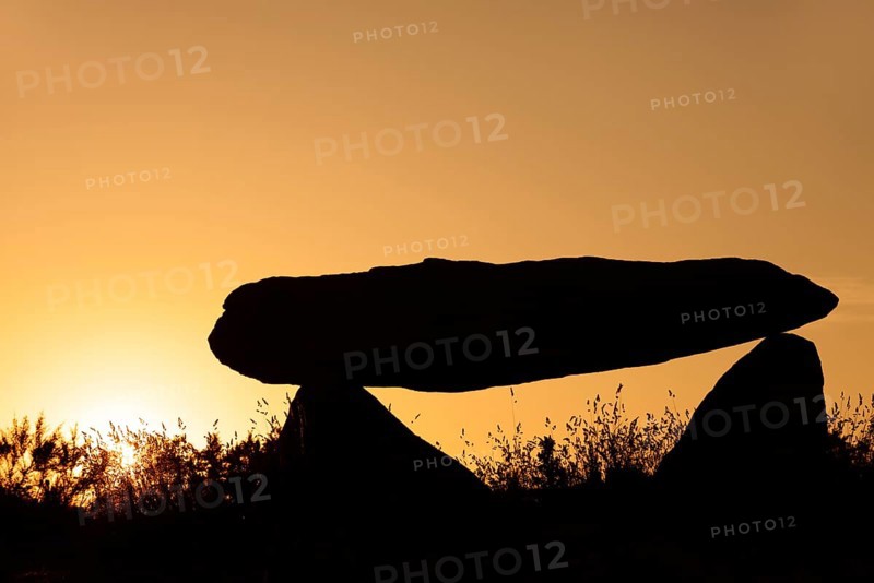 Dolmen at sunset, Finistere department, Brittany, France