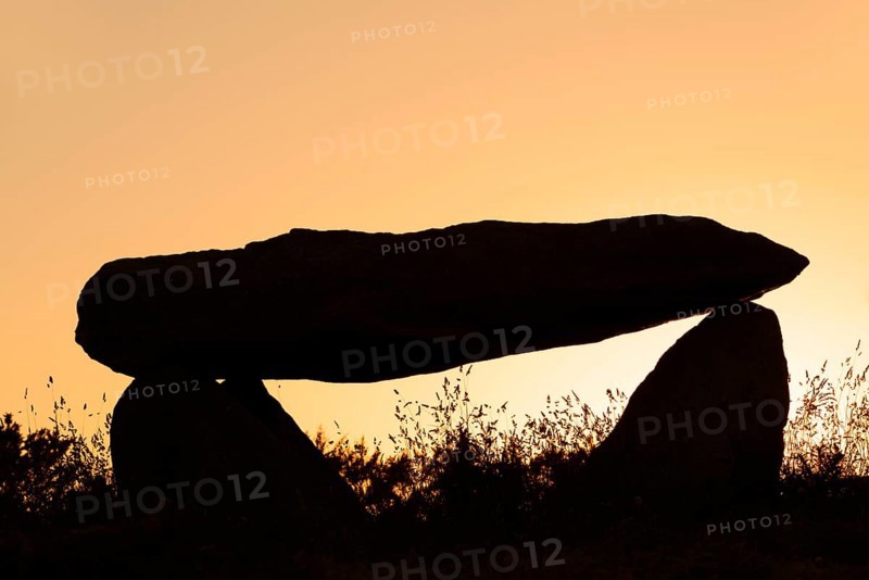 Dolmen at sunset, Finistere department, Brittany, France