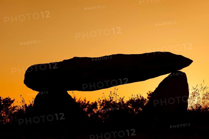 Dolmen at sunset, Finistere department, Brittany, France