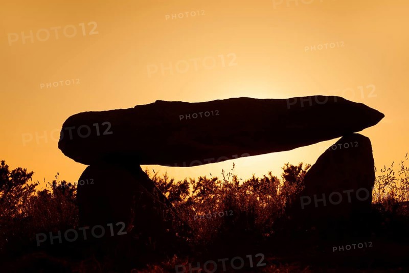 Dolmen at sunset, Finistere department, Brittany, France
