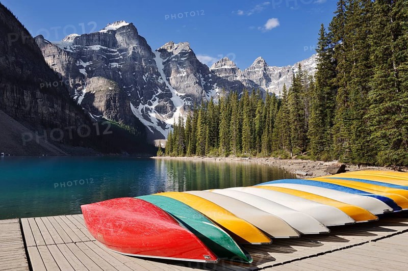 Canoes at Moraine Lake, Valley of the Ten Peaks, Banff National Park, Alberta, Canada