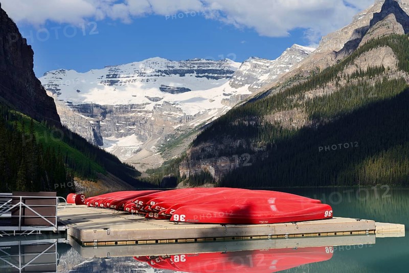 Red canoes at Lake Louise, Banff National Park, Alberta, Canada
