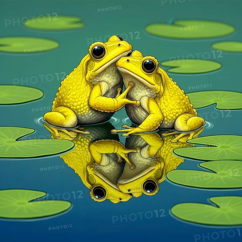 Two adorable yellow frogs are lovingly embracing each other, their reflection mirrored in the water, surrounded by lily pads, AI generated
