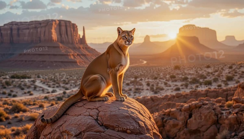 A stunning cougar (Puma concolor) sits atop a rock formation, gazing out over the vast desert landscape of Monument Valley during a vibrant sunset, AI generated