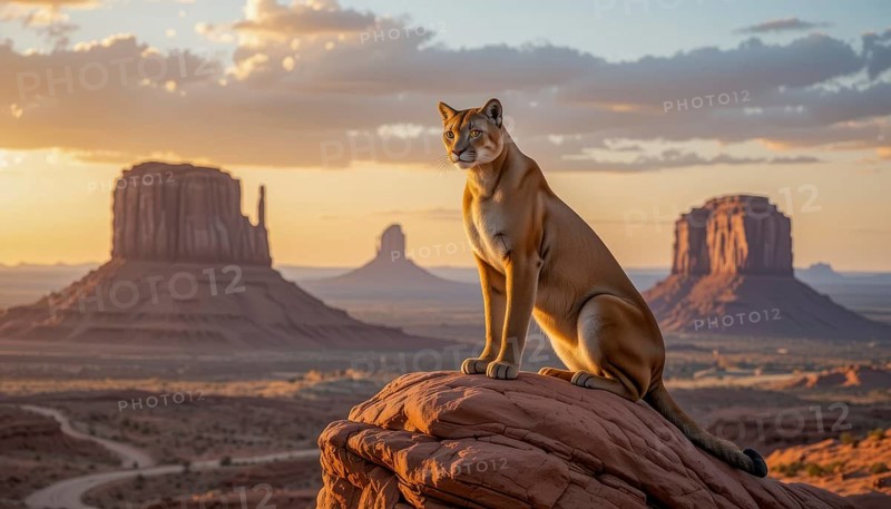 A cougar (Puma concolor) sits atop a red rock formation, overlooking the iconic Monument Valley landscape during a vibrant sunset with stunning colors, AI generated
