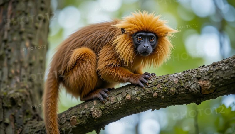A stunning portrait of a Golden-headed Lion Tamarin (Leontopithecus chrysomelas), a small primate, resting on a tree branch with lush green foliage in the background, AI generated