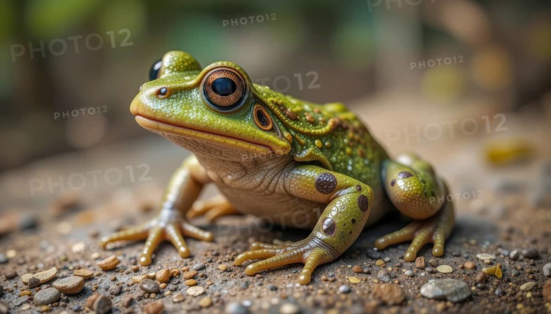 A vibrant green Edible Frog (Rana esculenta) with captivating eyes sits on a textured surface, showcasing its detailed skin and pose, AI generated