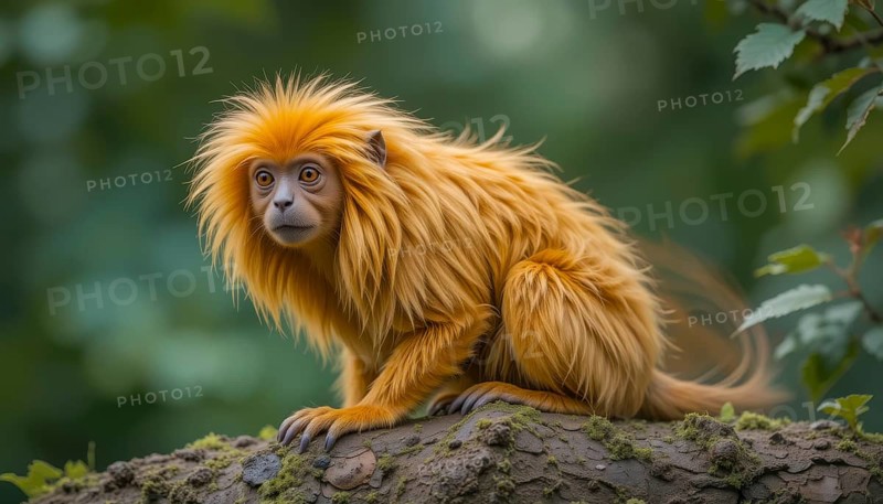 A stunning portrait of a Golden-headed Lion Tamarin (Leontopithecus chrysomelas), a small primate with a vibrant, golden mane, sitting on a mossy branch in a lush green environment, AI generated