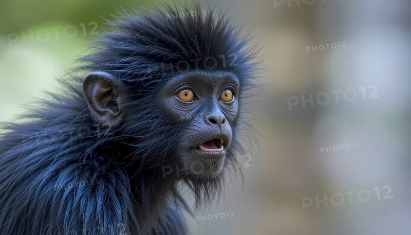 A close-up portrait showcases a Black-headed Spider Monkey (Ateles fusciceps robustus) with striking orange eyes, displaying an expression of surprise against a blurred background, AI generated
