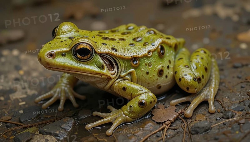 This detailed shot captures a green Edible Frog's (Rana esculenta) intricate features, highlighting its textured skin and expressive eyes. The frog is set against a natural, earthy backdrop, AI generated