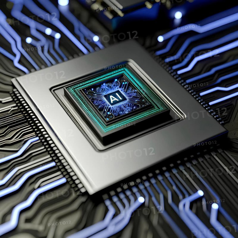 AI processor chip on a circuit boardAI, microchip, neon, blue lights, circuitry, close-up, technology, artificial intelligence, circuit board, computing, hardware, illuminated, tech, digital, motherboard, innovation, processor, electronic, semiconductor, data, machine learning, futuristic, cyber, glowing, components, electrical, engineering, high-tech, information technology, AI generated