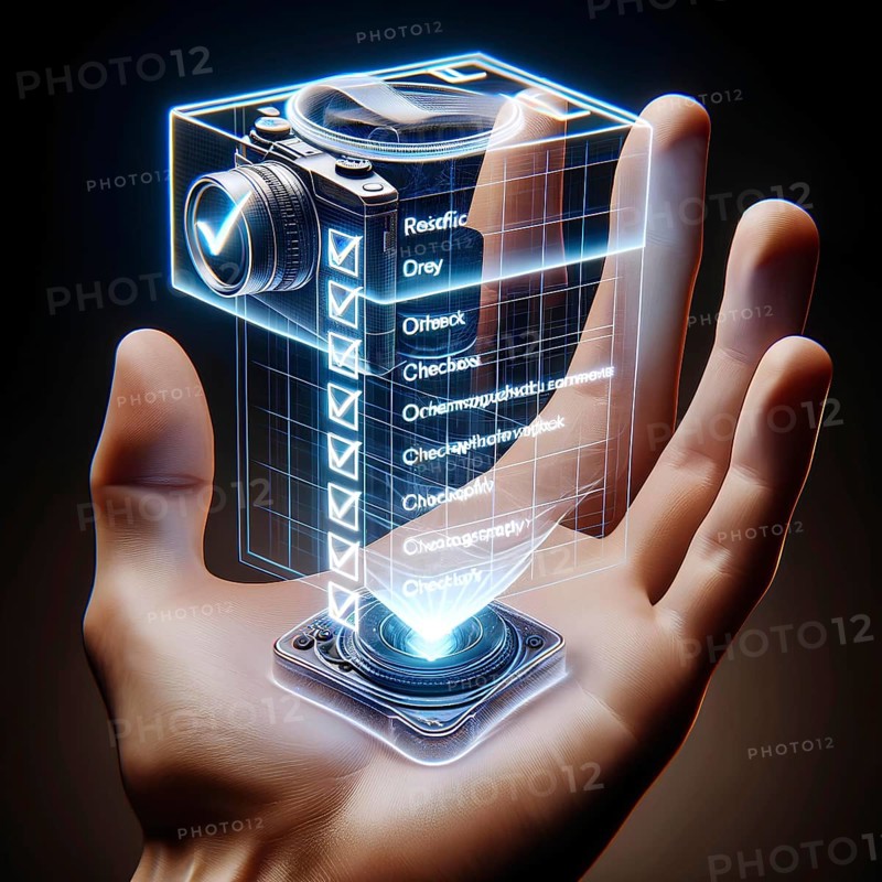 Hand displaying a 3D hologram of a camera and a digital checklist, symbolizing photography technology and innovation, AI generated