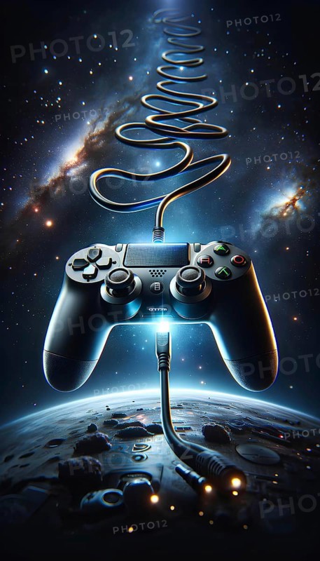 A video game controller is shown in space with a cable coming out of it. The image is a creative and imaginative representation of a video game controller in a futuristic setting, AI generated