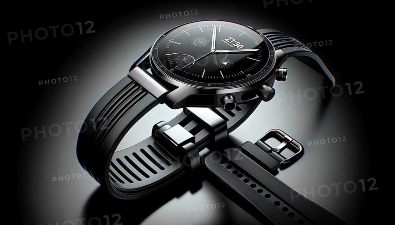 A watch with a black band and a black face. The watch is showing the time as 10:10, AI generated